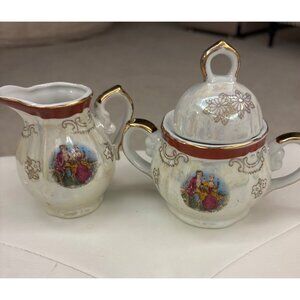 Vintage Victorian Porcelain Creamer & Sugar Bowl Set With Lid
